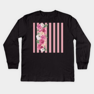 Pink flowers on Black Stripes / Pink roses / Black Pattern / Stripes Kids Long Sleeve T-Shirt